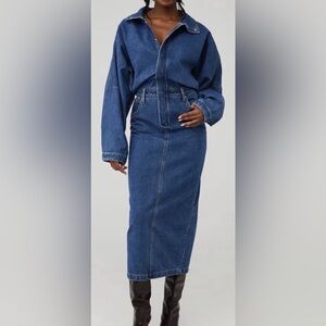 Ronny Kobo Sebastian Denim Point Collar Neck Long Dolman Sleeve Midi dress